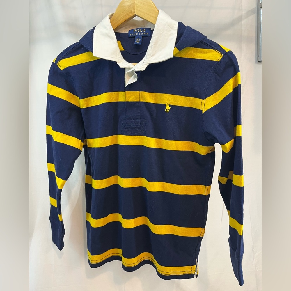 POLO Ralph Lauren Hooded Rugby Shirt; boys Med (10-12); 1/4 Button; White Collar - Picture 11 of 15